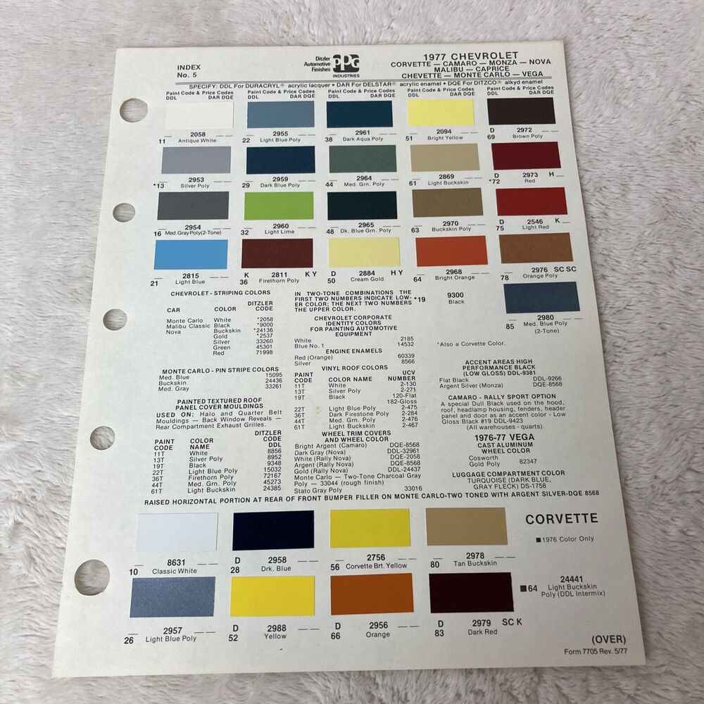 1977 Chevrolet Colors Ditzler PPG Color Chips Color Information Vintage